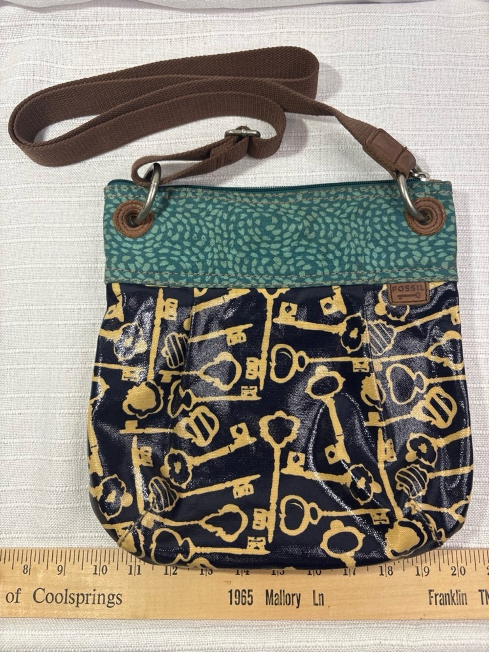 Fossil Teal & Navy Crossbody with Gold Key Print
